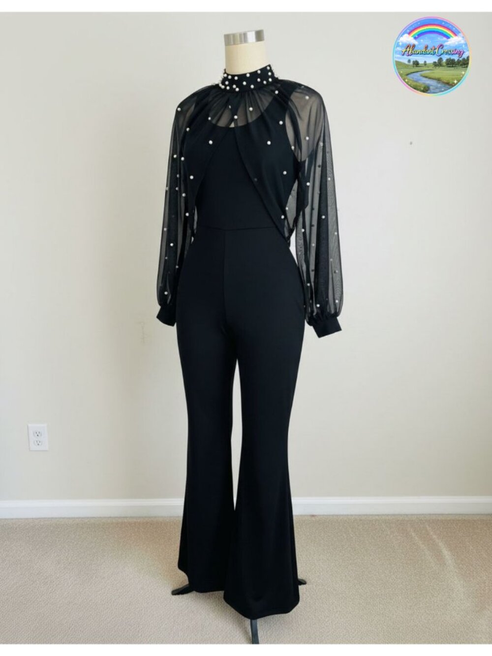 Women's Long Sleeve Jumpsuit Pearl Mock Neck One Piece Outfit
